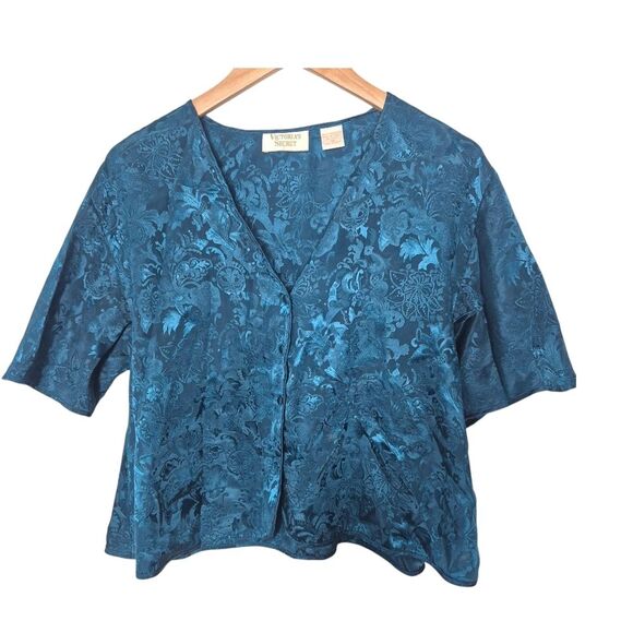 Victoria's Secret Vintage 90s Teal Floral Pajama Top Grandmacore Size Medium - Picture 1 of 3